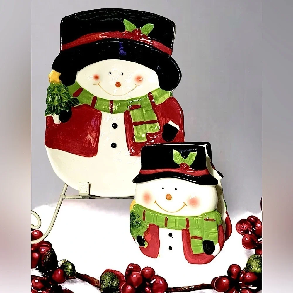 Snowman Kitchen Hand Painted Set Christmas Ceramic Dish Tray Napkin Holder 2 PC